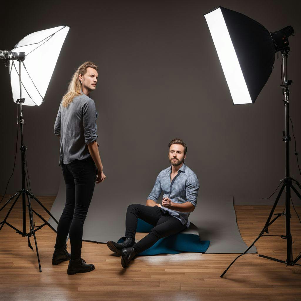 A professional photographer shooting a headshot session with an actor, showing the studio setup, in a photographic style, with soft studio lighting illuminating the scene.