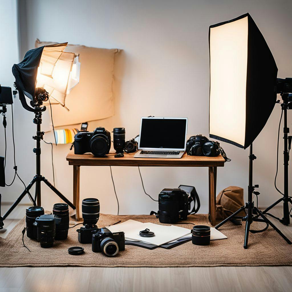 A neatly arranged pre-photoshoot setup showing a camera, lighting equipment, and a mood board in a brightly lit room.