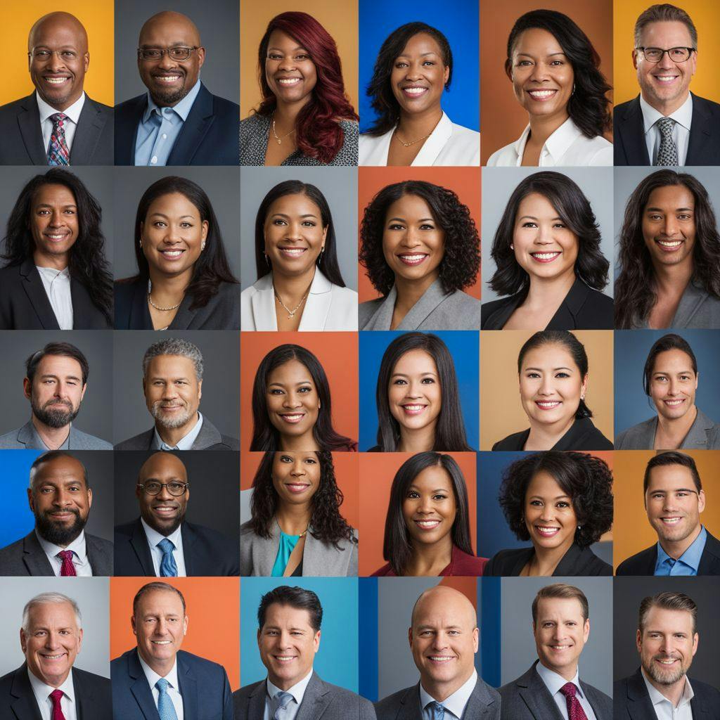 A collage of diverse corporate headshots, each with a unique style and personality, shot in a professional, high-resolution manner, demonstrating various industry norms.