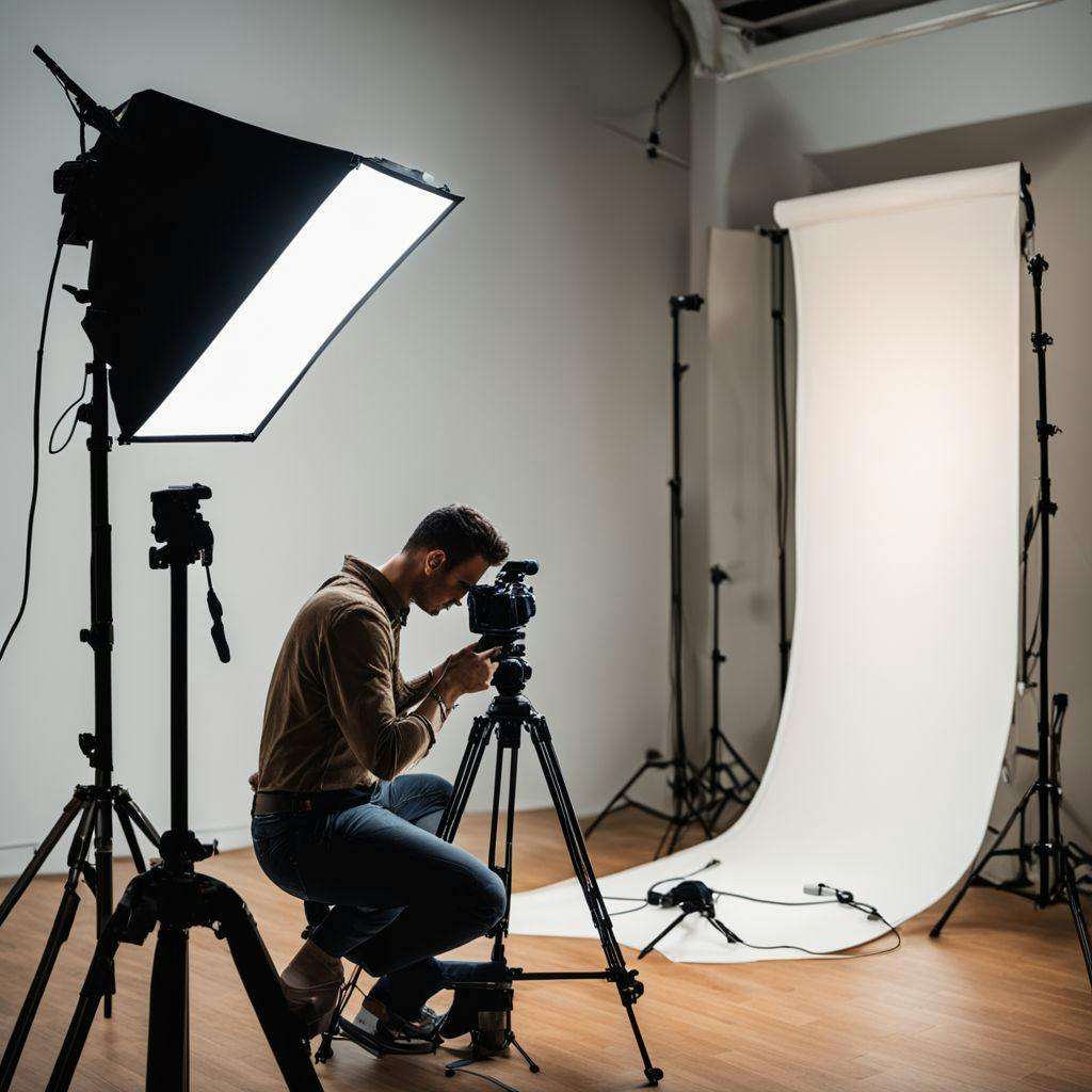 A professional portrait photographer setting up a camera on a tripod in a well-lit studio, preparing to take a corporate headshot, with a simple, clean backdrop in the background, a soft light source creating a warm, inviting atmosphere.