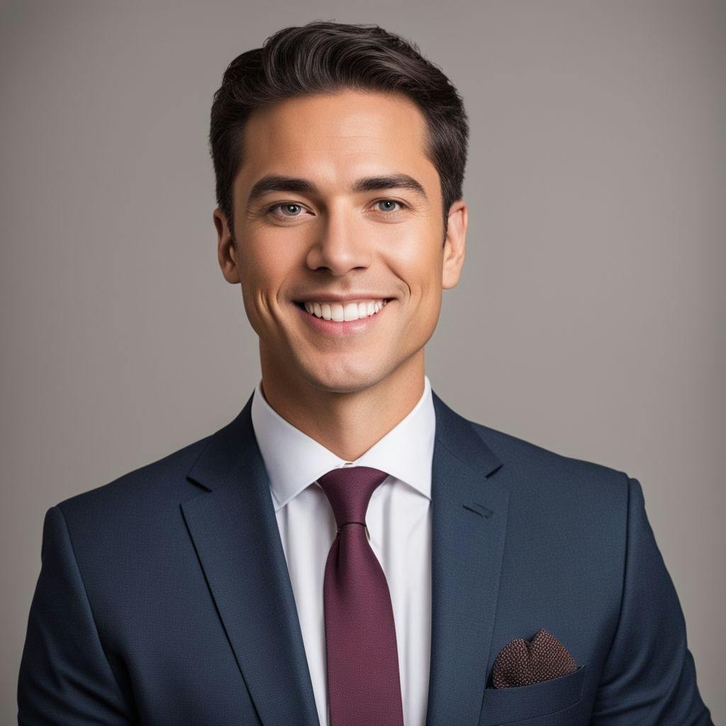 A professional corporate headshot of a business person with perfect posture and a confident facial expression, shot against a neutral background, showcasing the basics of posing.