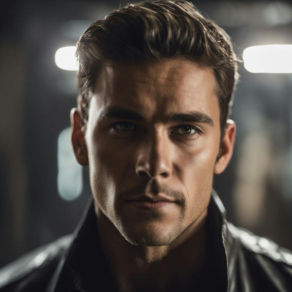 A close-up of a male actor's face, in a well-lit setting, features sharply in focus, with a deep depth of field, neutral background, showing good composition, captured in a photographic style, with a macro lens, under studio lighting.
