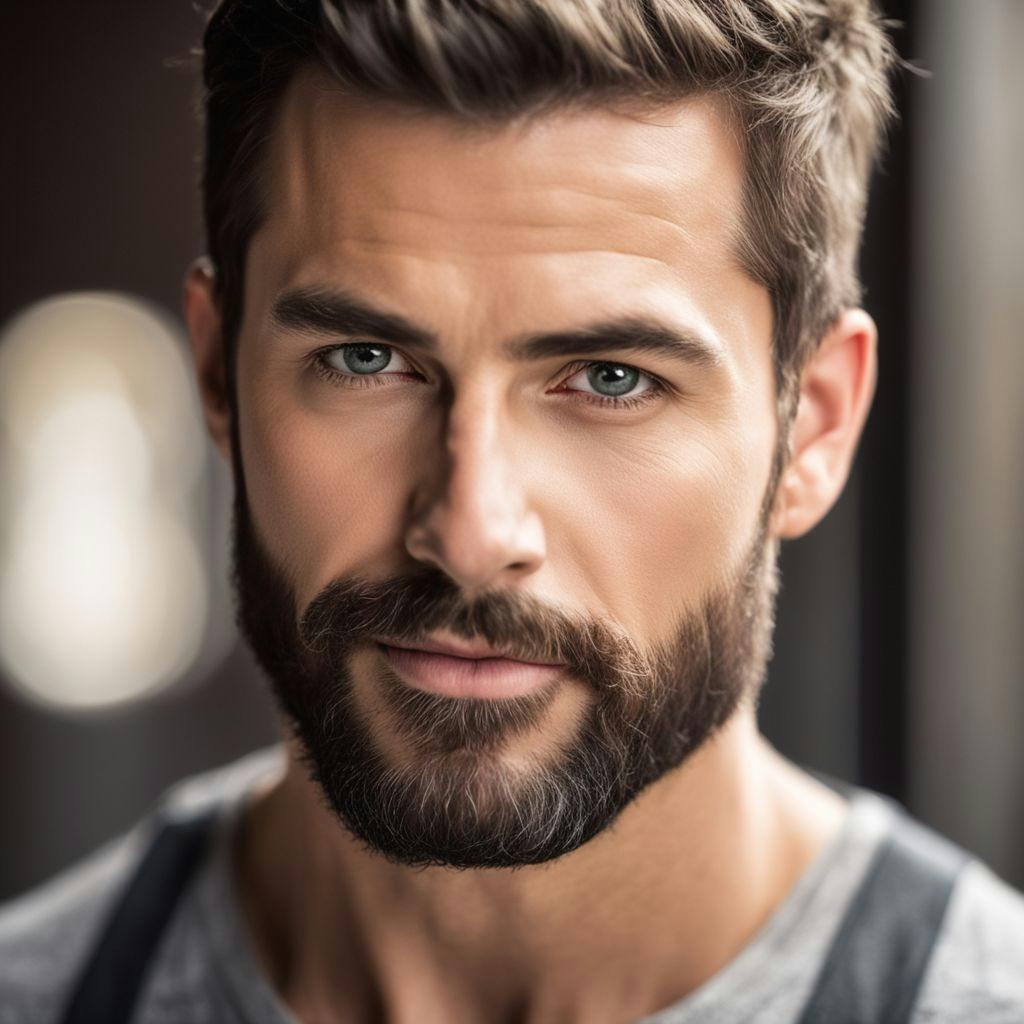 A male actor, in his 30s with a neat beard and short hairstyle, confidently posing for a headshot, brightly lit studio with a neutral, blurred background, with a professional, inviting atmosphere, photographic style, captured in a high resolution, with a 70mm lens, front view, studio lighting and balanced composition.