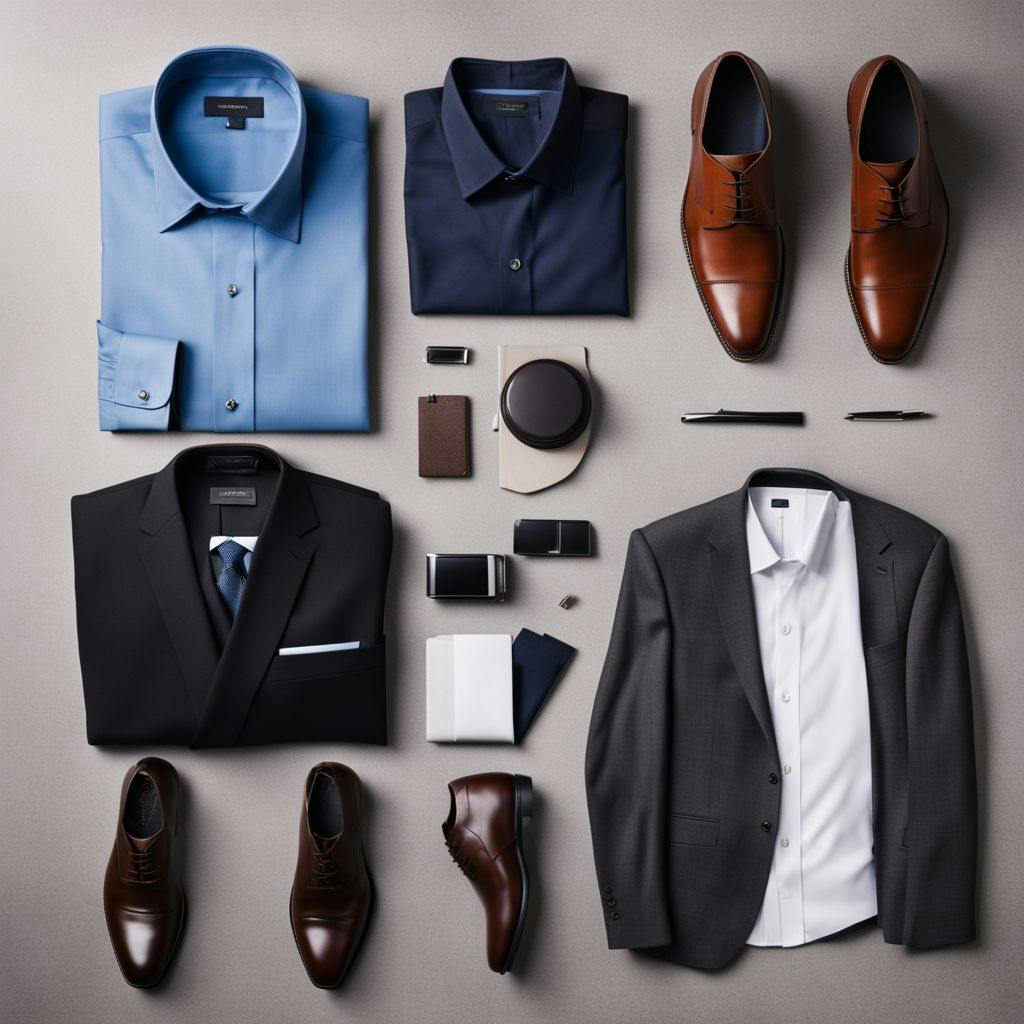 A selection of smart corporate attire laid out neatly on a clean surface, lit with soft natural light, shot in high-resolution photographic style emphasizing the importance of appearance.