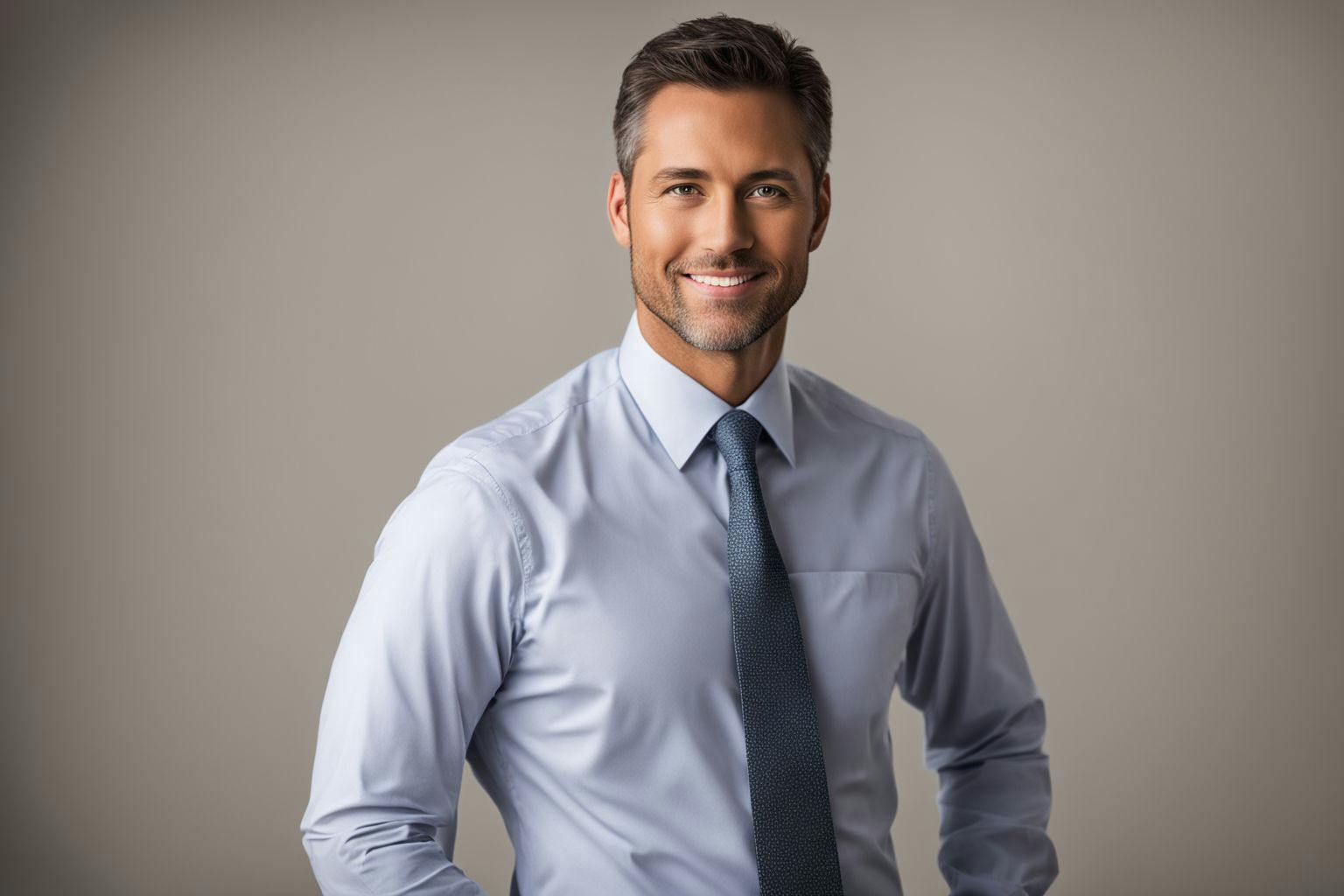 A corporate professional demonstrating a confident and smart pose in front of a neutral background, lit by natural light, shot in a professional photographic style with a medium telephoto lens.