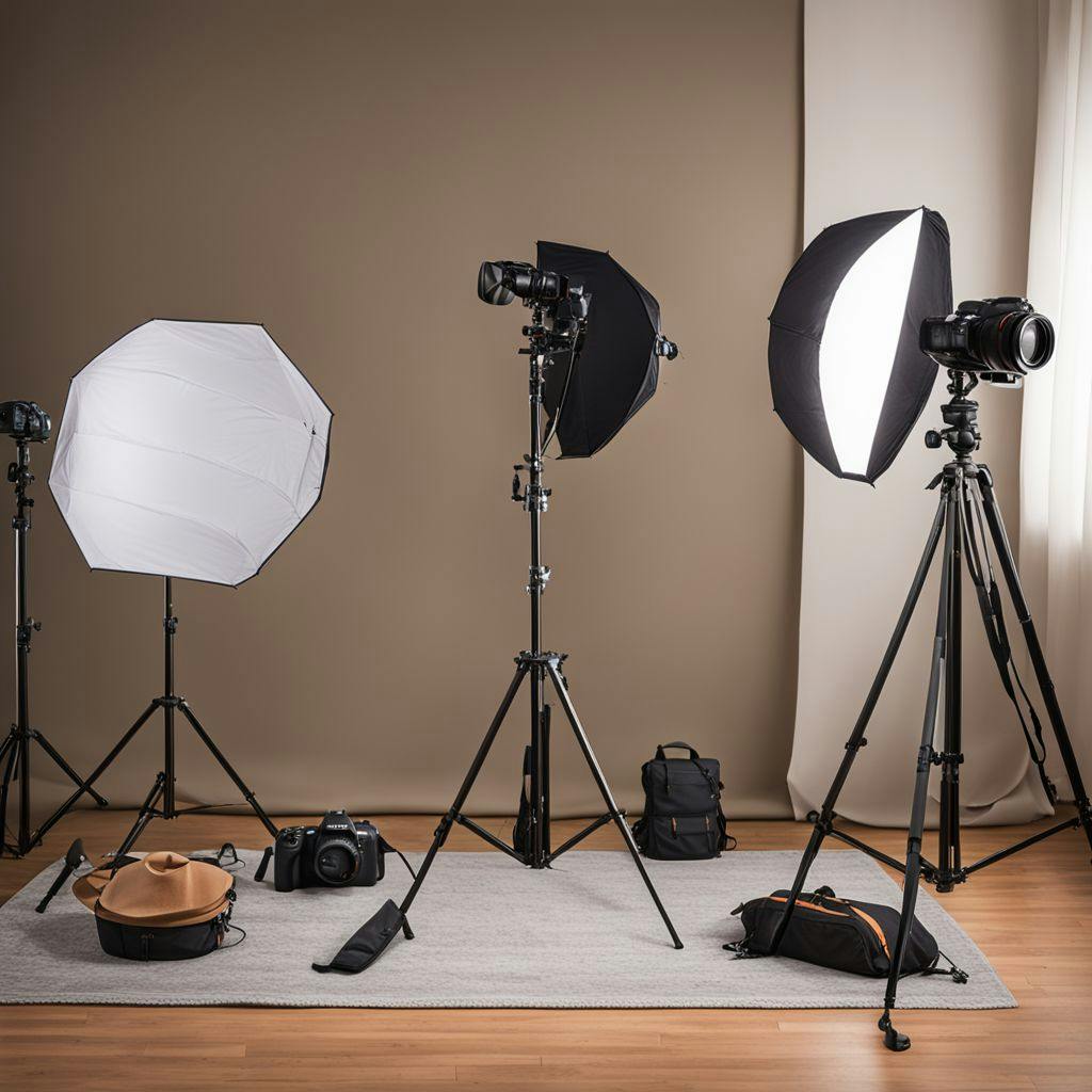 A well-organized DIY photoshoot setup with camera on tripod, lighting equipment and a neutral background, capturing the essence of preparation, shot in a clear, professional photographic style with a wide-angle lens.