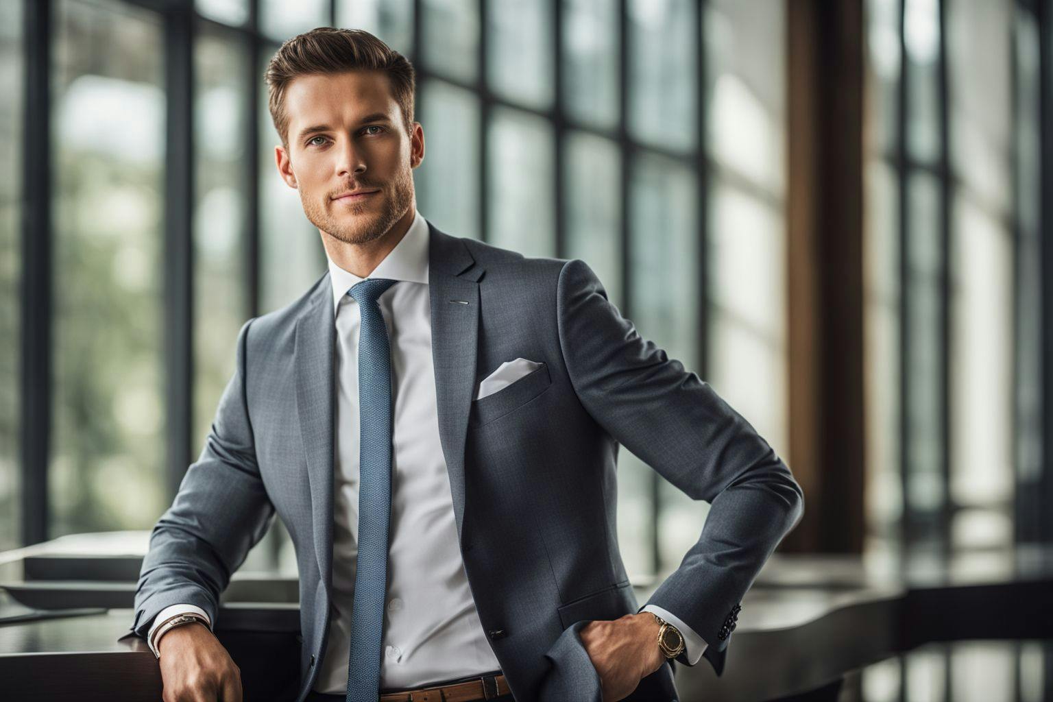 A well-dressed individual confidently posing for a self-taken corporate photoshoot in a professional indoor setting, lit by soft natural light creating a serious yet approachable atmosphere, shot in high resolution photographic style with a 35mm lens.