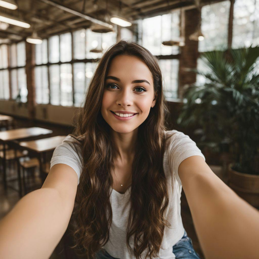 A person demonstrating a perfect selfie technique, holding the phone at a high angle, in a well-lit indoor environment, showing an atmosphere of learning, in a clear, educational photographic style with a 50mm lens and natural light.