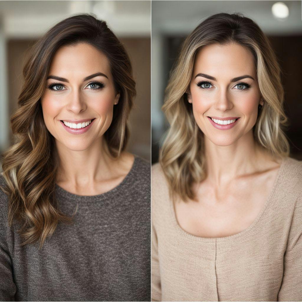 Side-by-side images of a casual selfie and a transformed professional headshot, shot in a neutral indoor environment, evoking a sense of surprise and satisfaction, in a straightforward, photographic style with a 50mm lens and soft light.