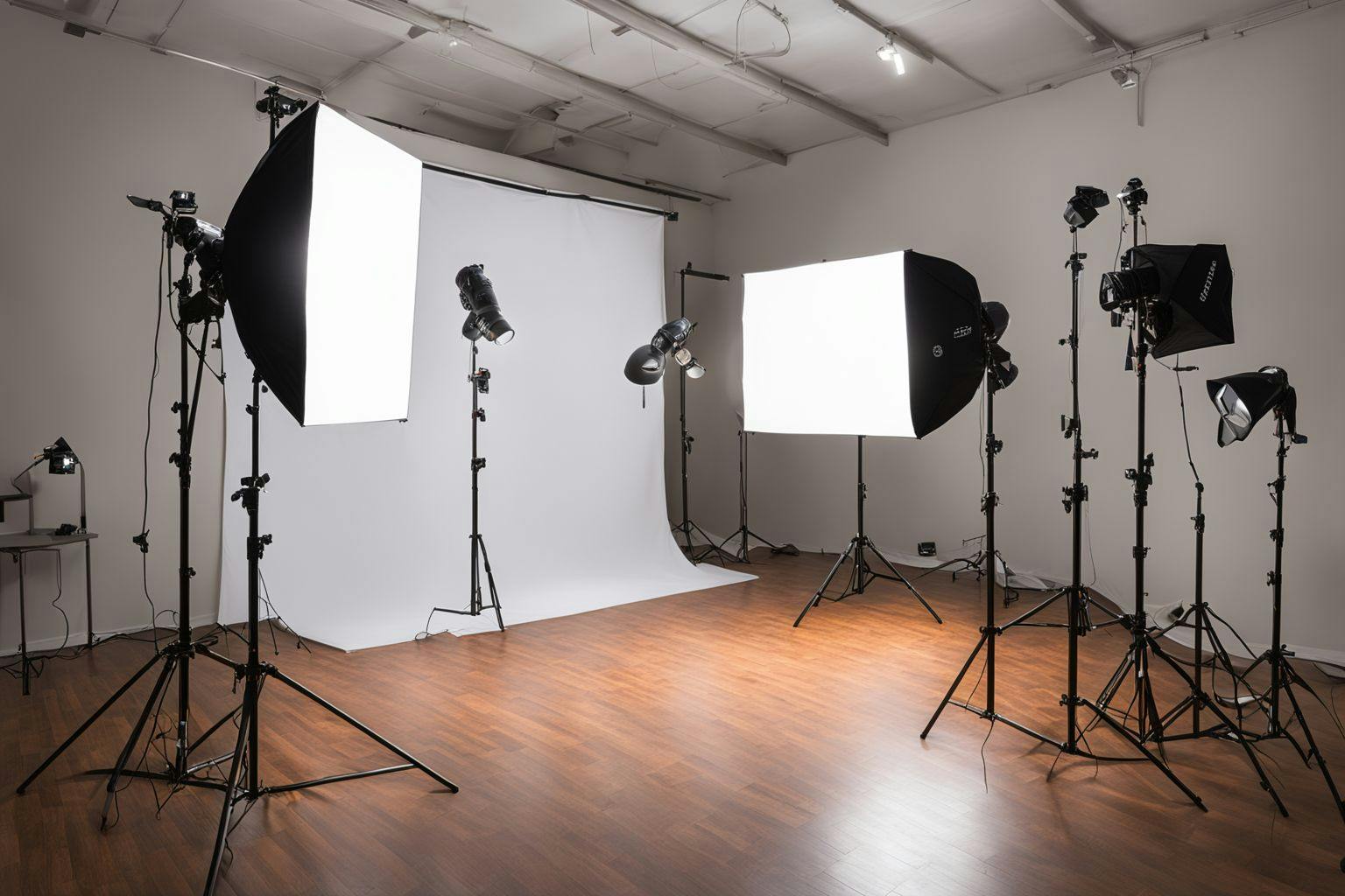 A studio set up demonstrating expert lighting techniques for headshots, captured with a wide-angle lens, showing soft lights, reflectors, and diffusers in action.