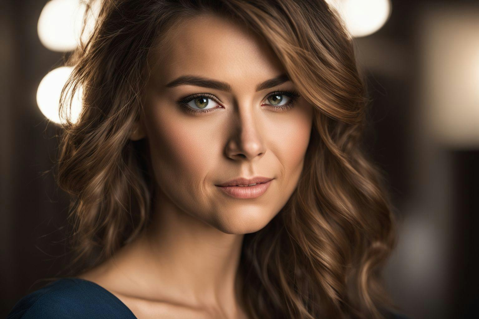 A close-up of a well-lit actress headshot, highlighting key features such as lighting, composition, and expression, shot in a studio with a high-resolution camera.